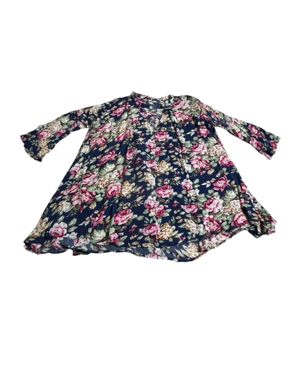 Altar'd State Navy Floral Swing Blouse with Pink Roses